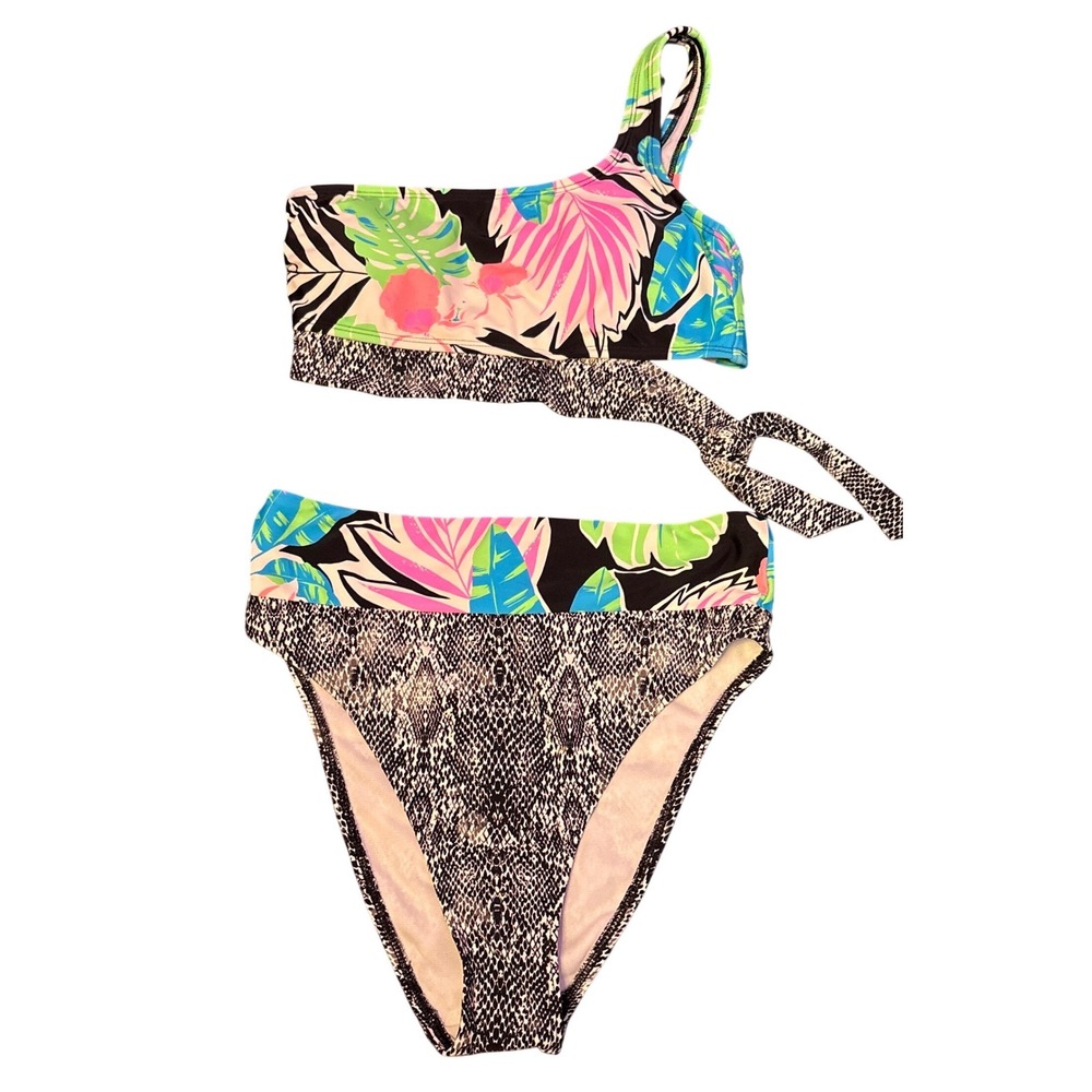 NEW O'rageous Juniors‎ Multicolor Tropical One Shoulder Bikini Set, Size M